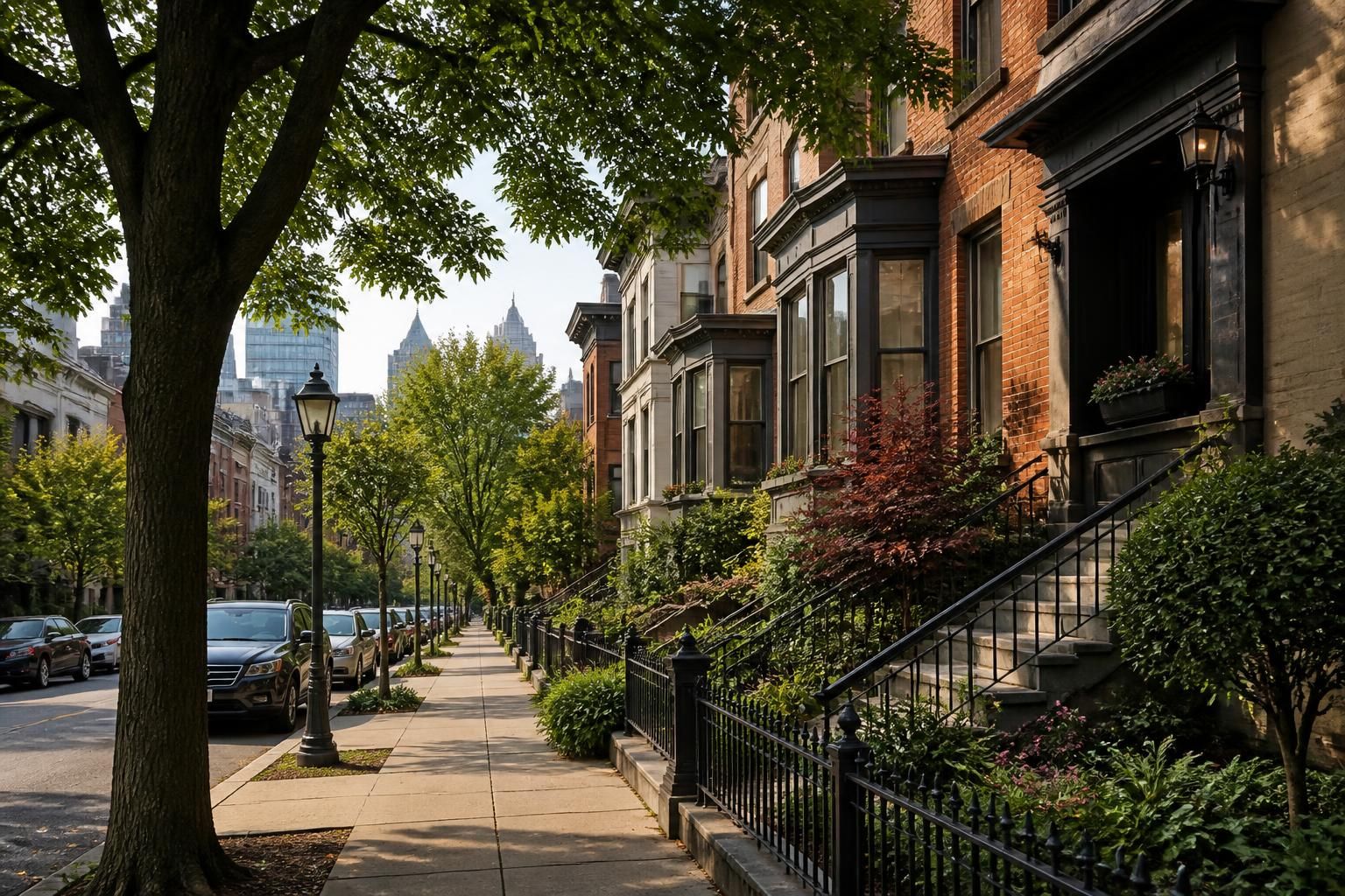 Well-kept Seattle neighborhood with trees and subtle city context